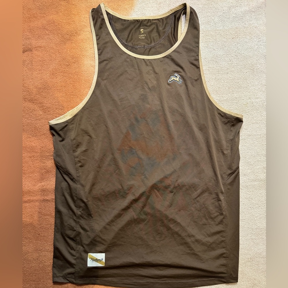 Tracksmith Twilight Brown/Gold Trim Run Tank Top Men Sz Small